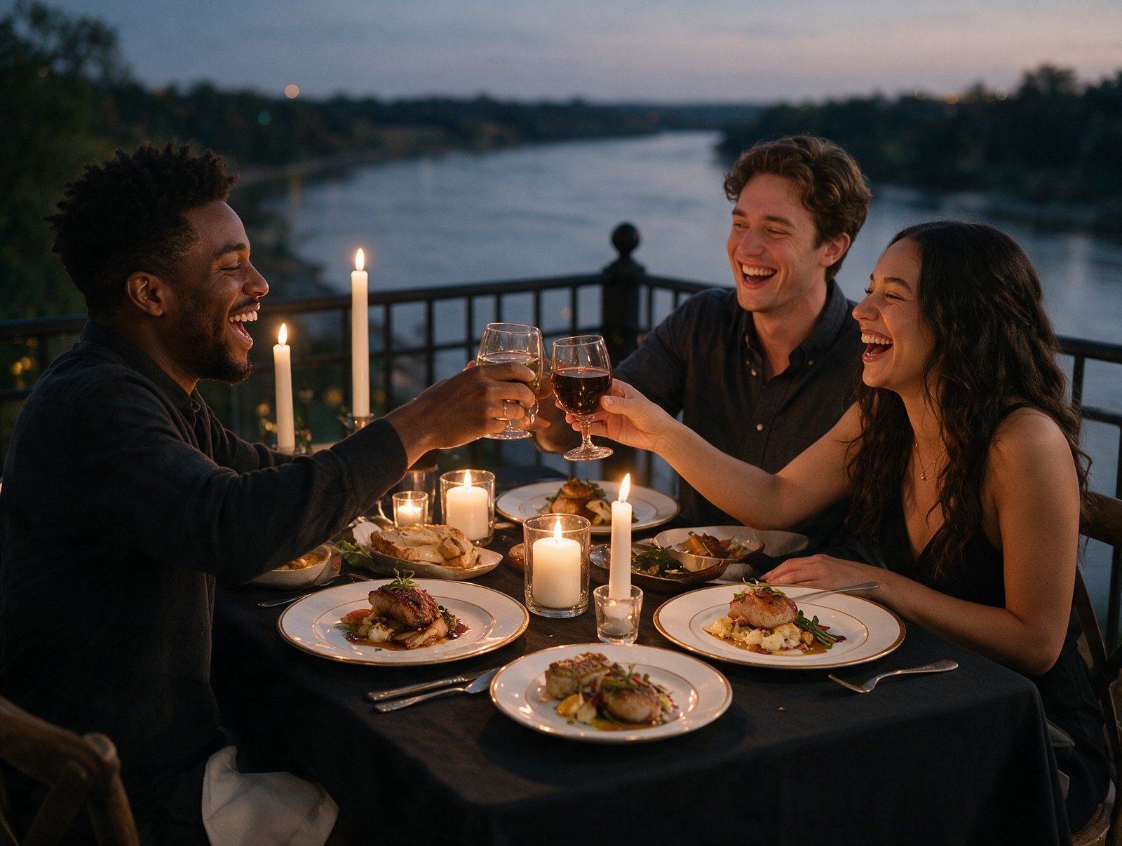 An elegant Little Rock dinner table set with candles and gold accents